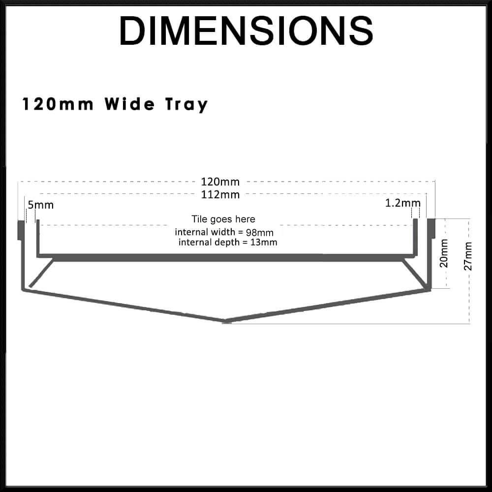 Tile Insert Shower Grate - 316 Stainless Steel - 120mm width Standard Length - dimensions