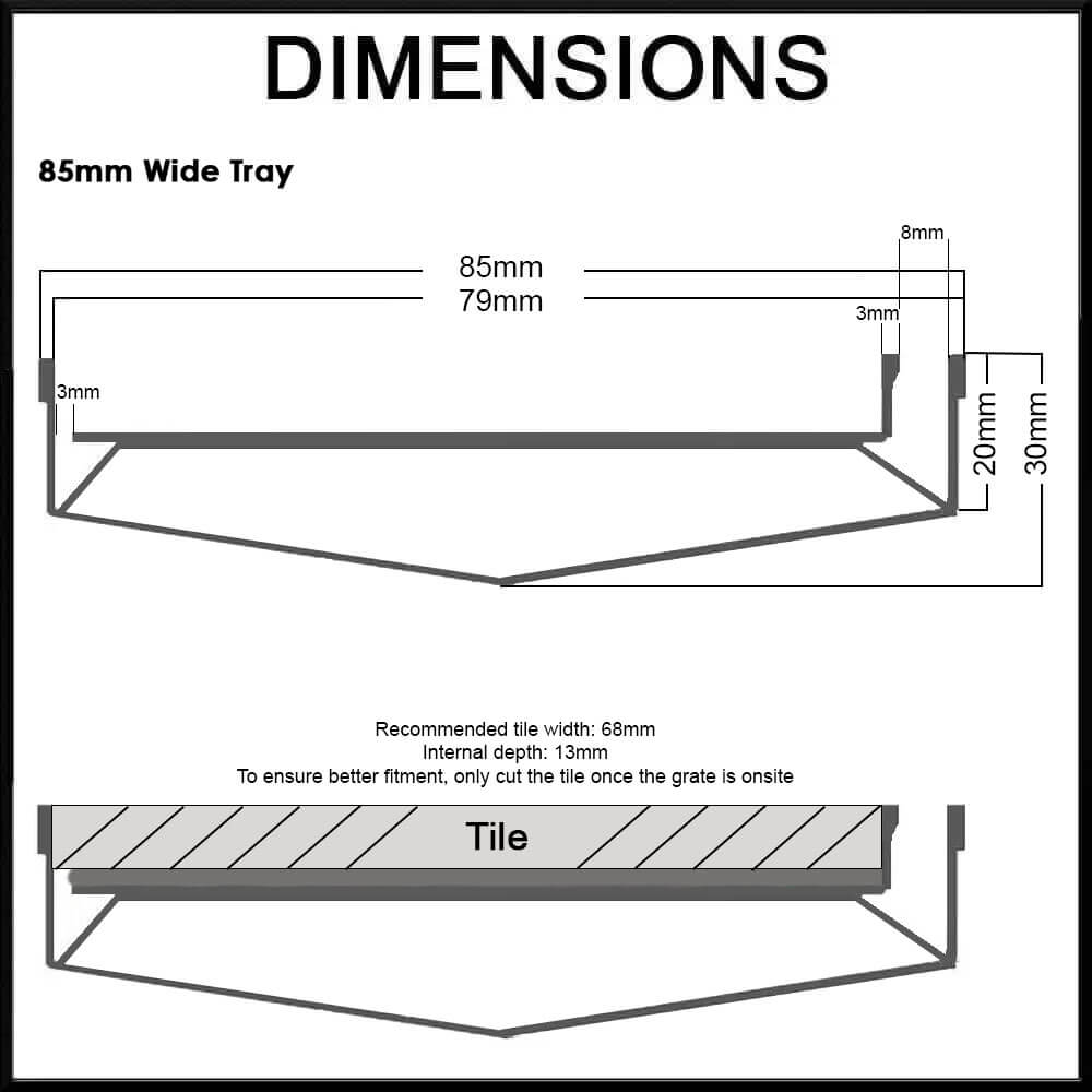draintek single slot tile insert custom length 85mm wide dimensions guide