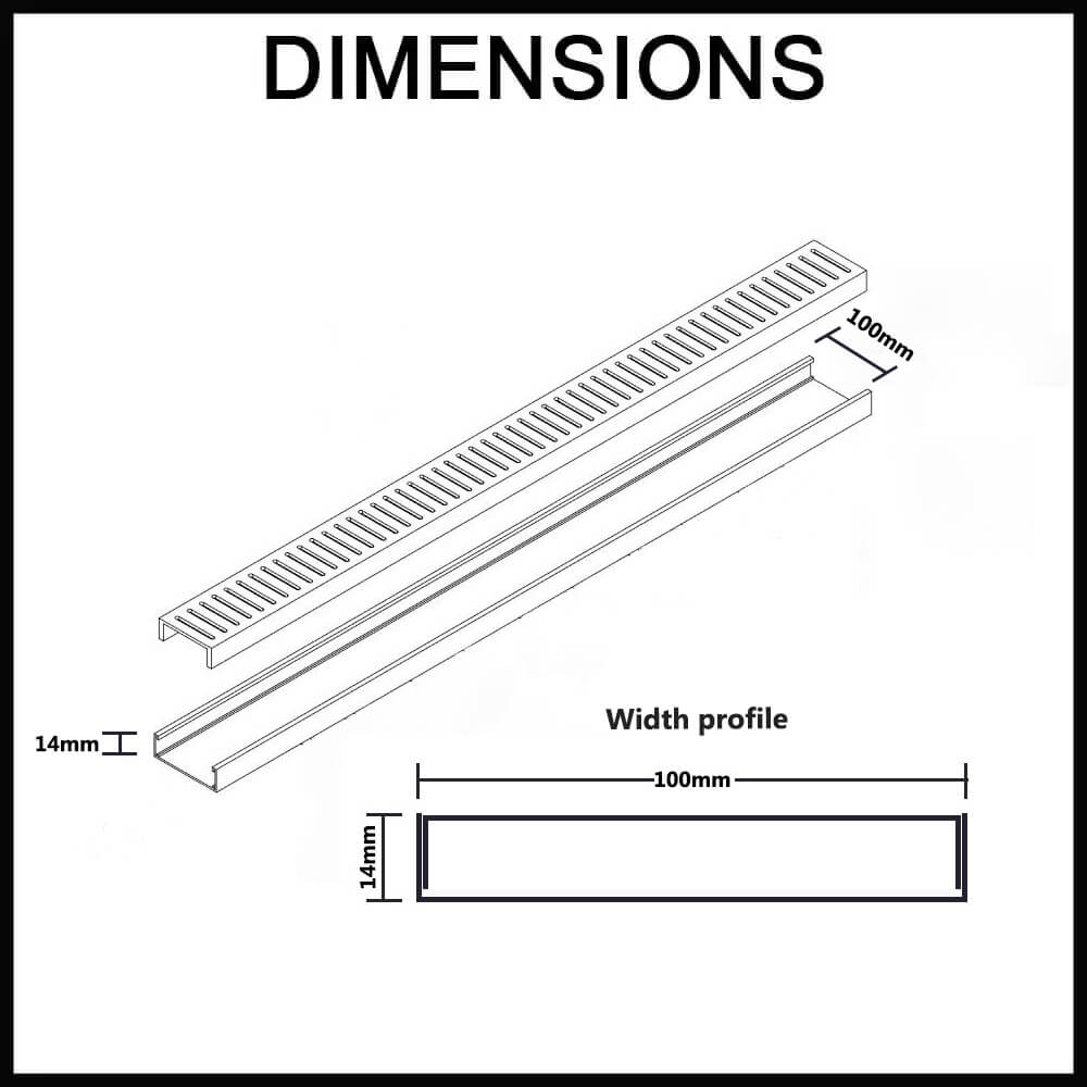 NeXT Generation Aluminium Shower Grate - 14mm deep x 100mm wide - Silk Silver Dimensions