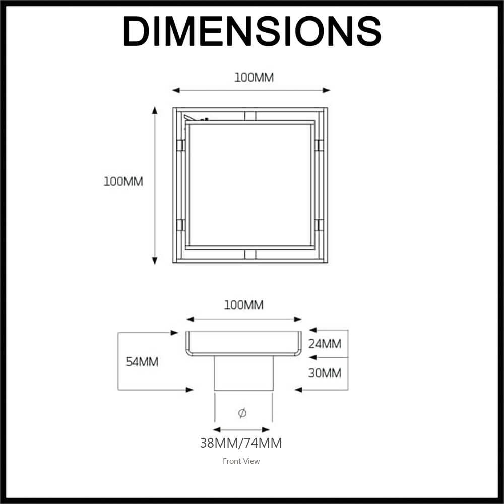 radiant square centre floor waste 100mmx100mm dimensions