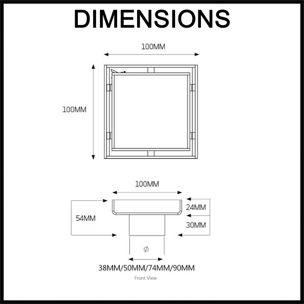 radiant square centre floor waste 100mmx100mm dimensions