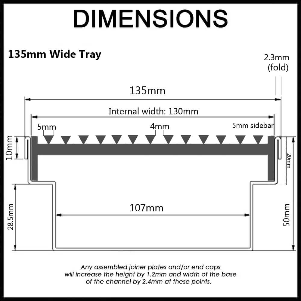 Outdoor Landscape Pool Drainage Channel 4mm Gaps - Tray and Grate - Wedge Wire / Heel Guard Style Heavy Duty with Anti Slip - 135mm Wide - Dimensions