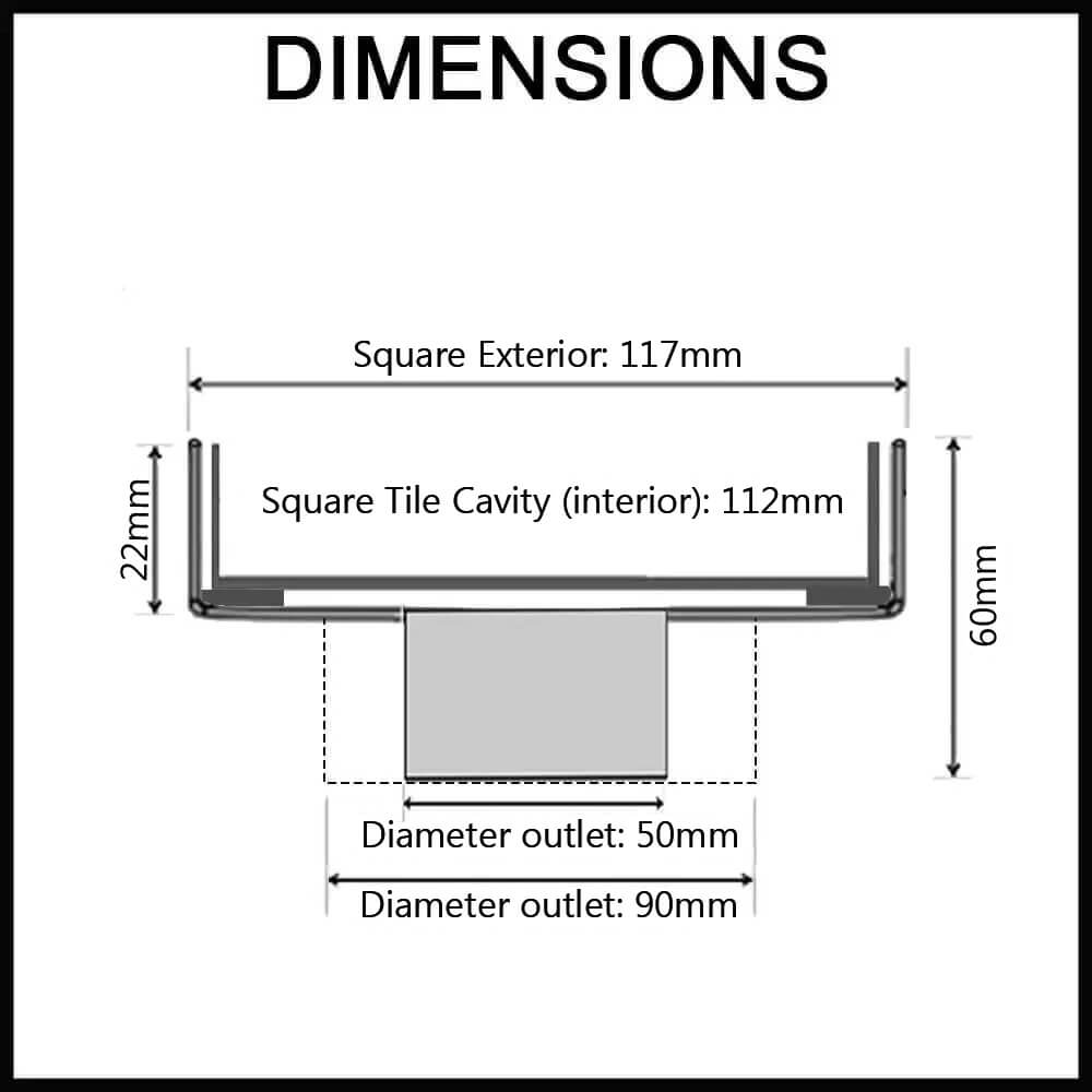 Centre Square Floor Waste -Tile Insert Style- 117mm x 117mm - Dimensions